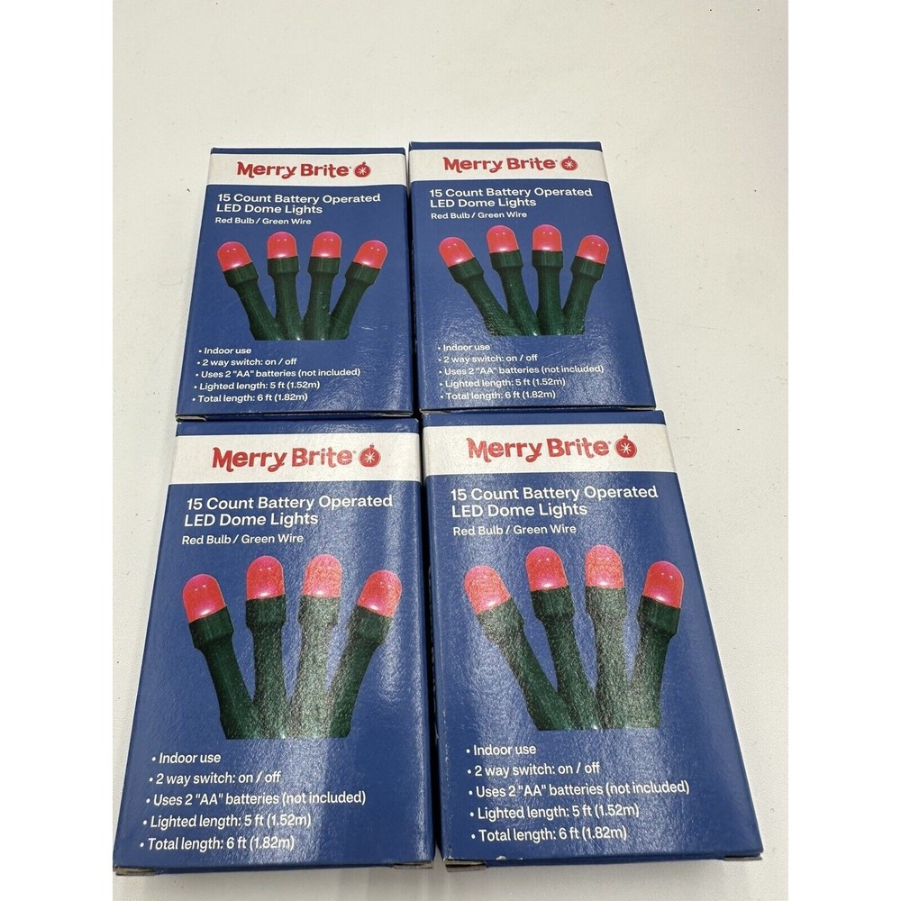 LED String Lights Battery Operated 15 Count Red Dome Merry Brite Ct LOT OF 4
